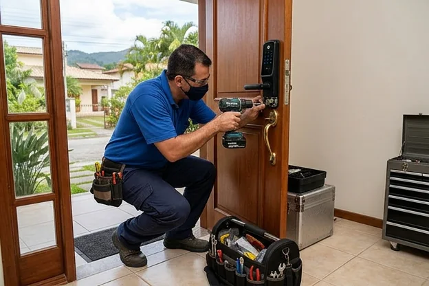 Chaveiro instalando uma fechadura digital em uma porta em Caraguatatuba.