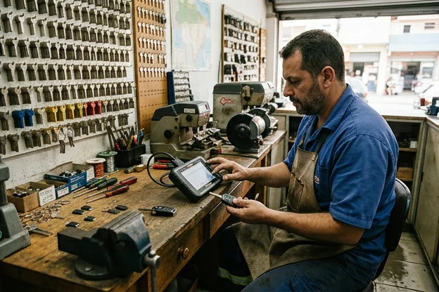 Chaveiro programando uma chave com equipamento especializado em Caraguatatuba.